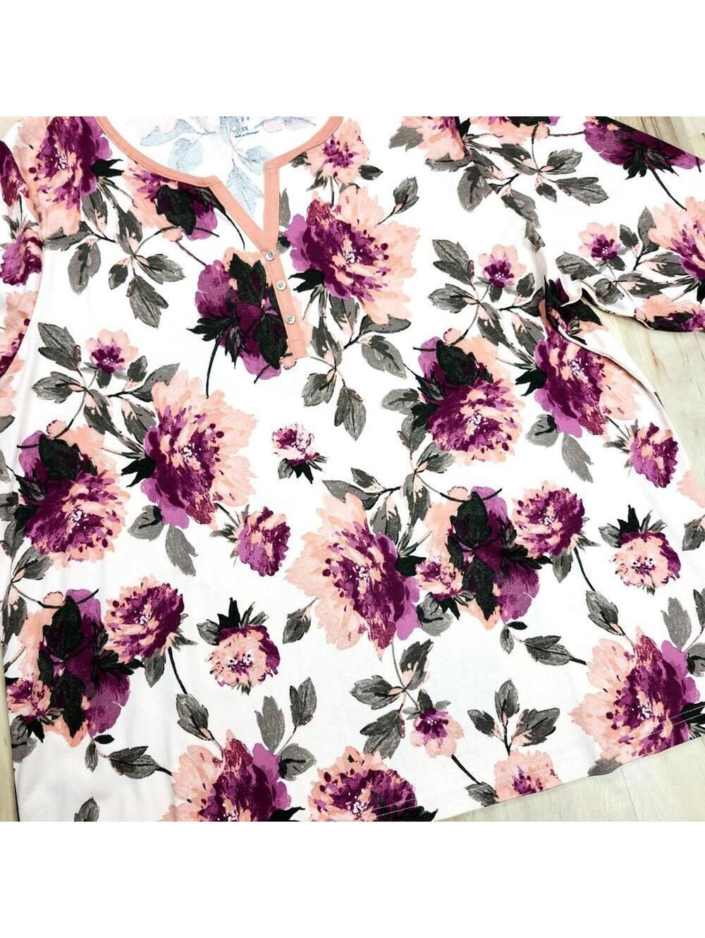 Cozy Floral Print Women's Top with 3/4 Sleeves 3X - Picture 2 of 7